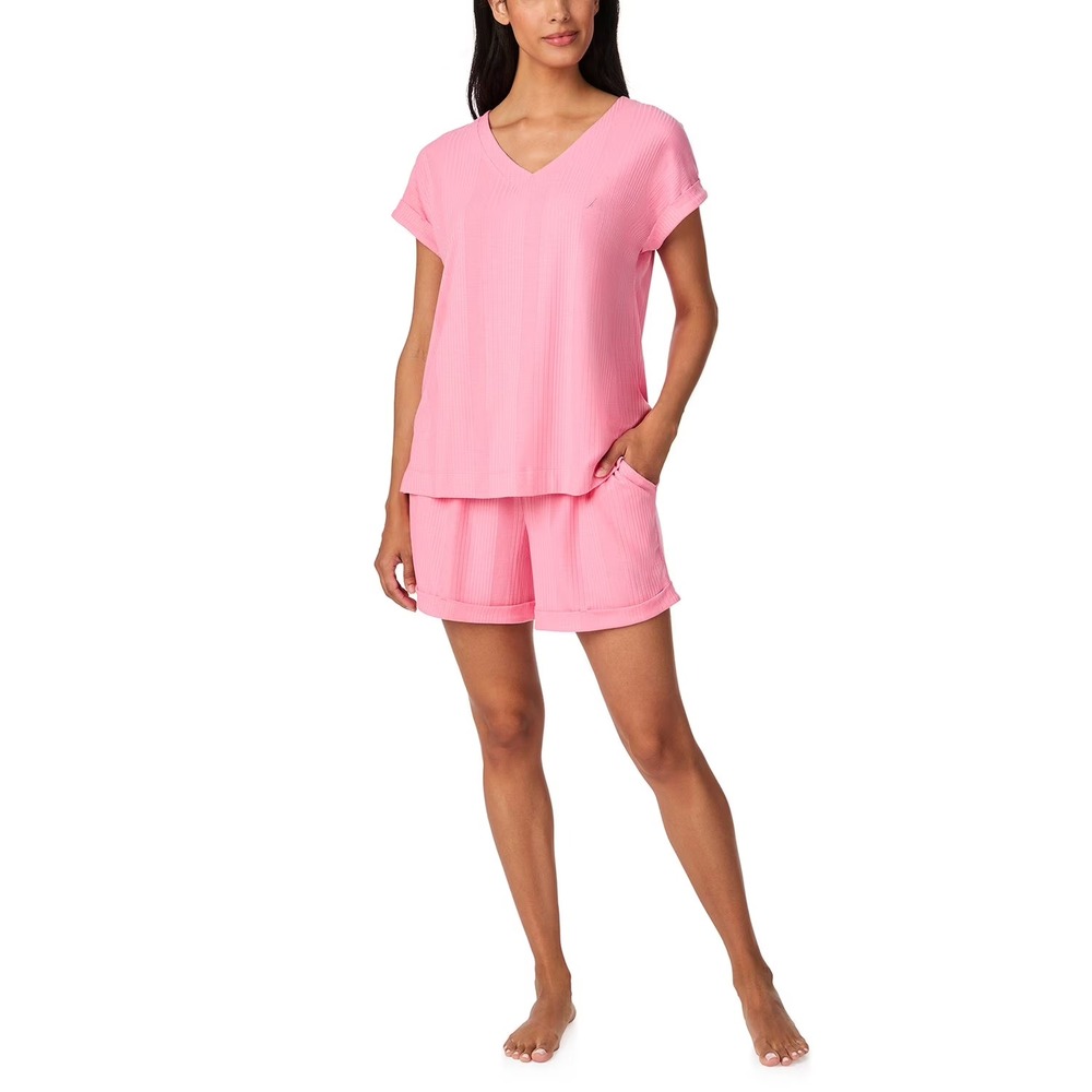 Nautica Womens 2-Piece Short Sleeve Top and Pant PJ Set XXL Coral Pink New